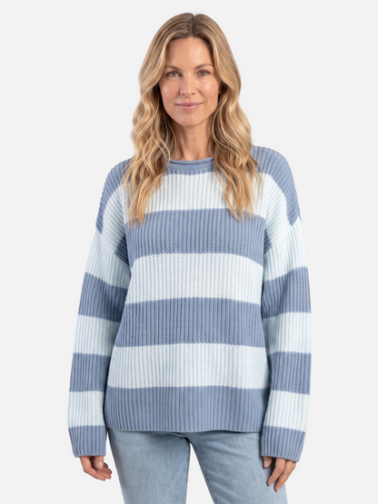 Damski Sweter Oversize w Paski z Bufiastymi Rękawami - Jasnoniebieski