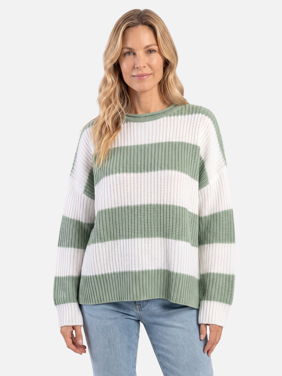Damski Sweter Oversize w Paski z Bufiastymi Rękawami - Zielony