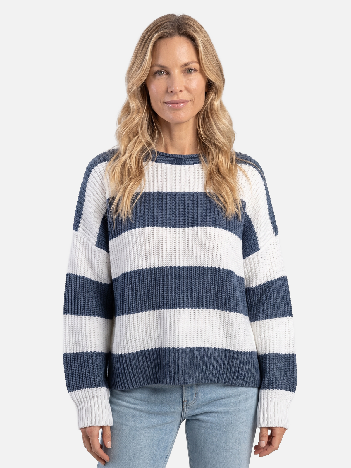 Damski Sweter Oversize w Paski z Bufiastymi Rękawami - Niebieski