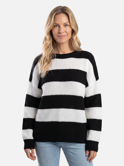 Damski Sweter Oversize w Paski z Bufiastymi Rękawami - Czarny