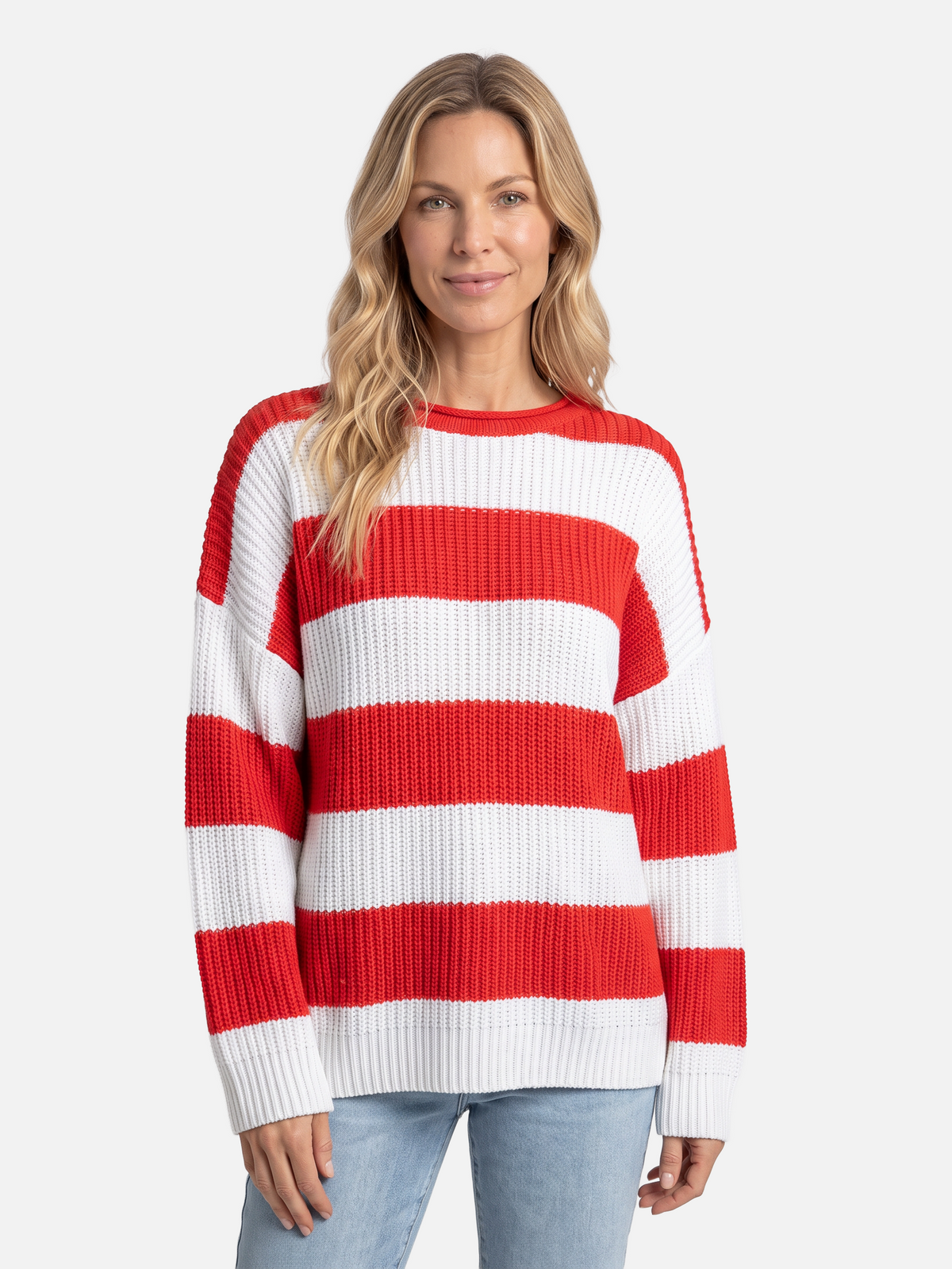 Damski Sweter Oversize w Paski z Bufiastymi Rękawami - Czerwony