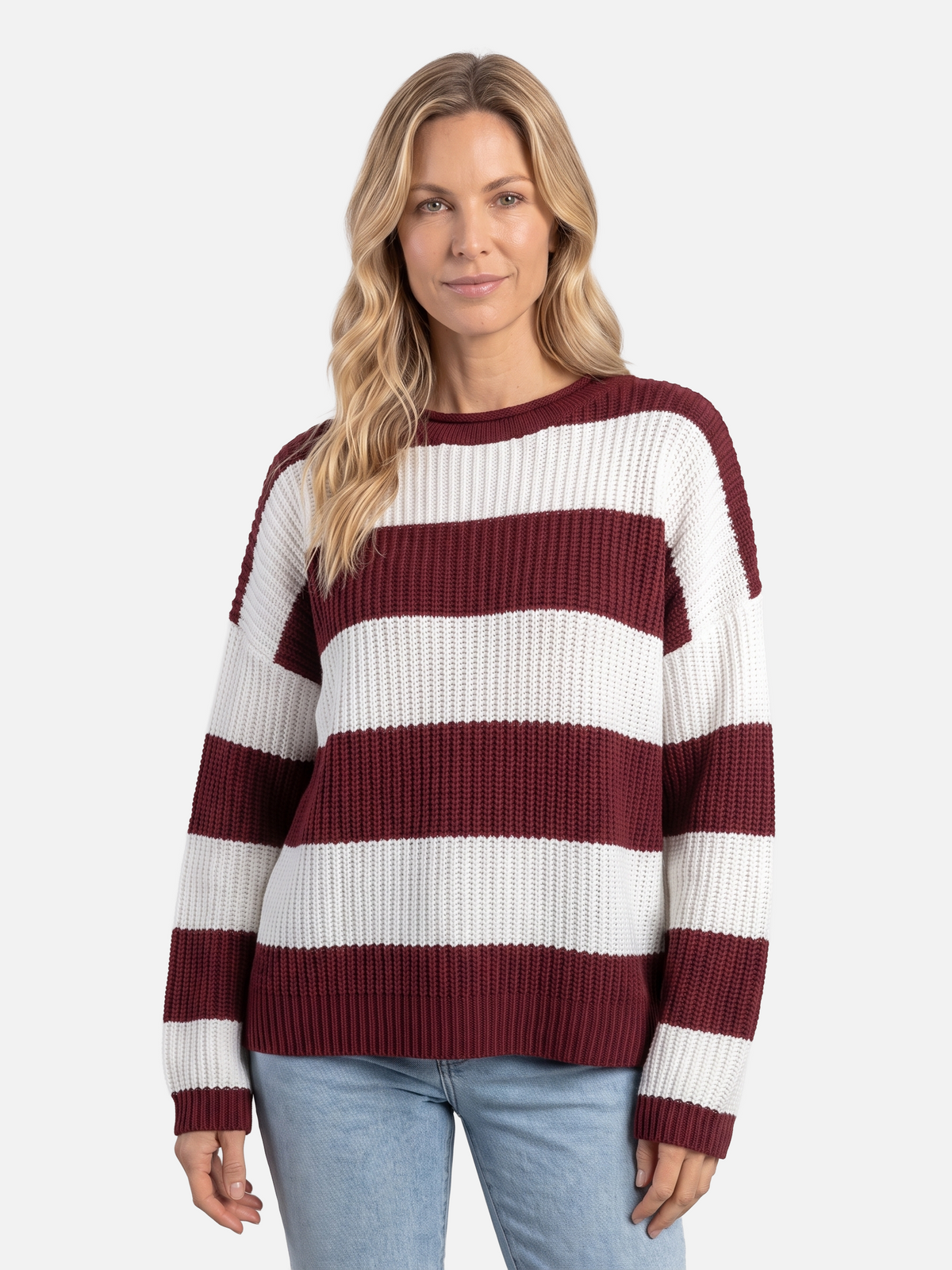 Damski Sweter Oversize w Paski z Bufiastymi Rękawami - Bordowy