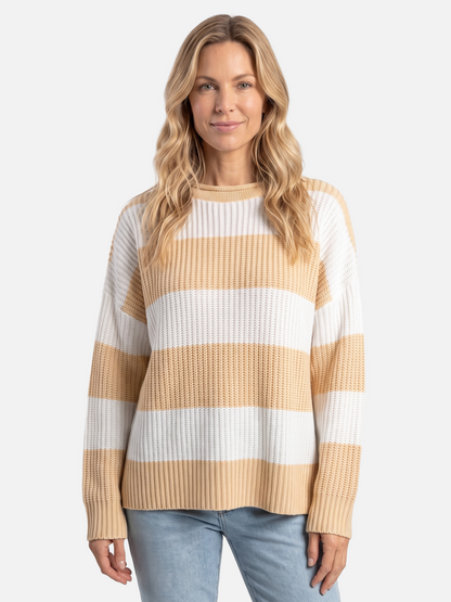 Damski Sweter Oversize w Paski z Bufiastymi Rękawami - Żółty