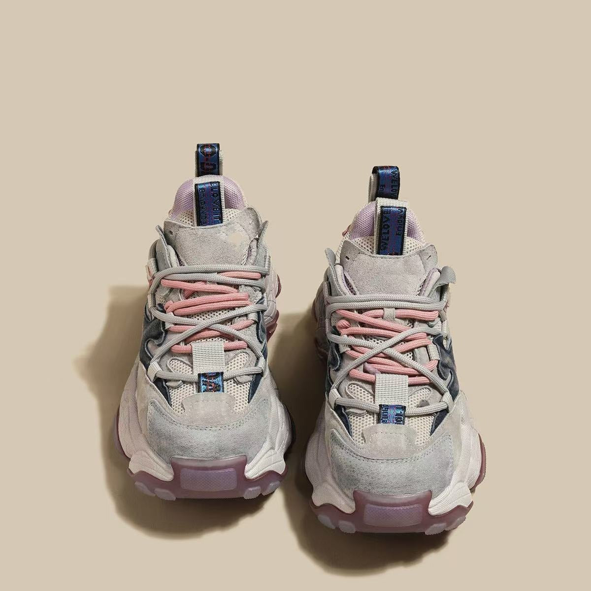 Damskie Sneakersy na Grubej Podeszwie z Wiązaniem - Jasnofioletowy