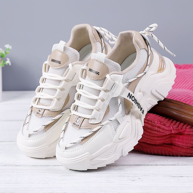 Damskie Sneakersy Chunky z Siatką i Grubą Podeszwą - Beżowy