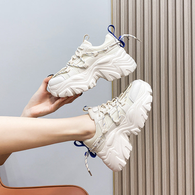Damskie Sneakersy na Grubej Podeszwie z Siateczką - Biały