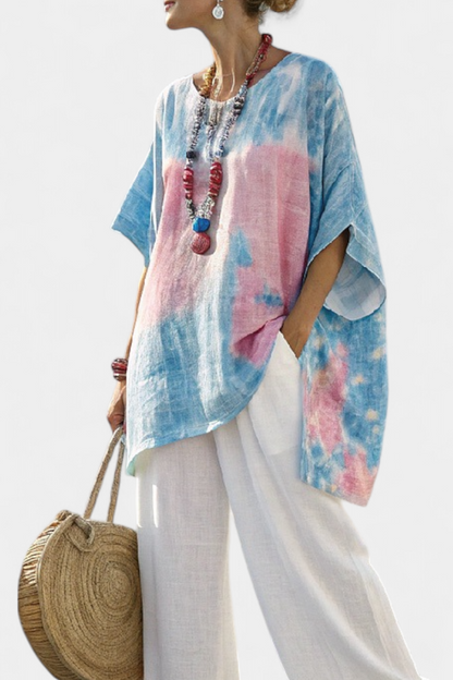 Damski Komplet Luźna Bluzka z Efektem Tie-Dye i Spodnie w Paski - 2