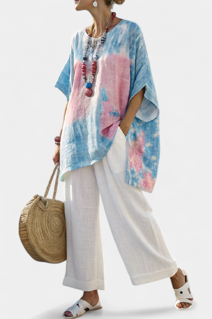 Damski Komplet Luźna Bluzka z Efektem Tie-Dye i Spodnie w Paski