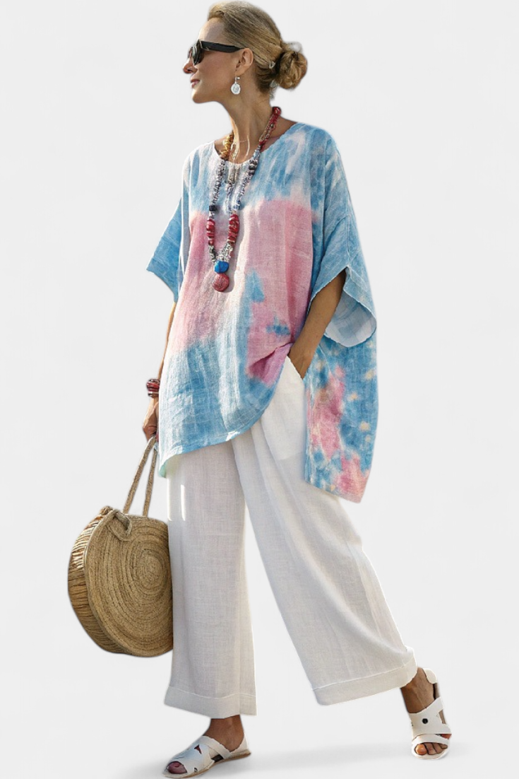 Damski Komplet Luźna Bluzka z Efektem Tie-Dye i Spodnie w Paski - Kwiatowy