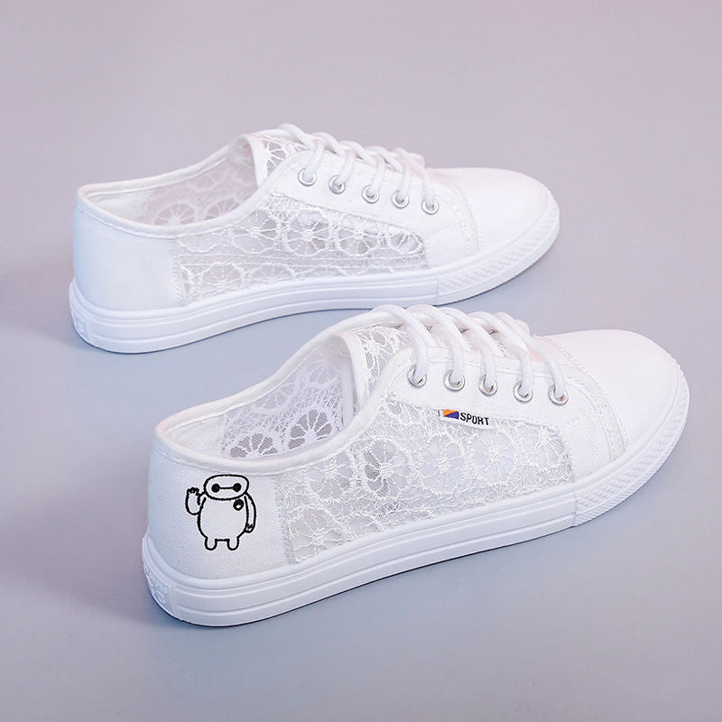 Damskie Sneakersy Koronkowe z Sznurowaniem - Biały