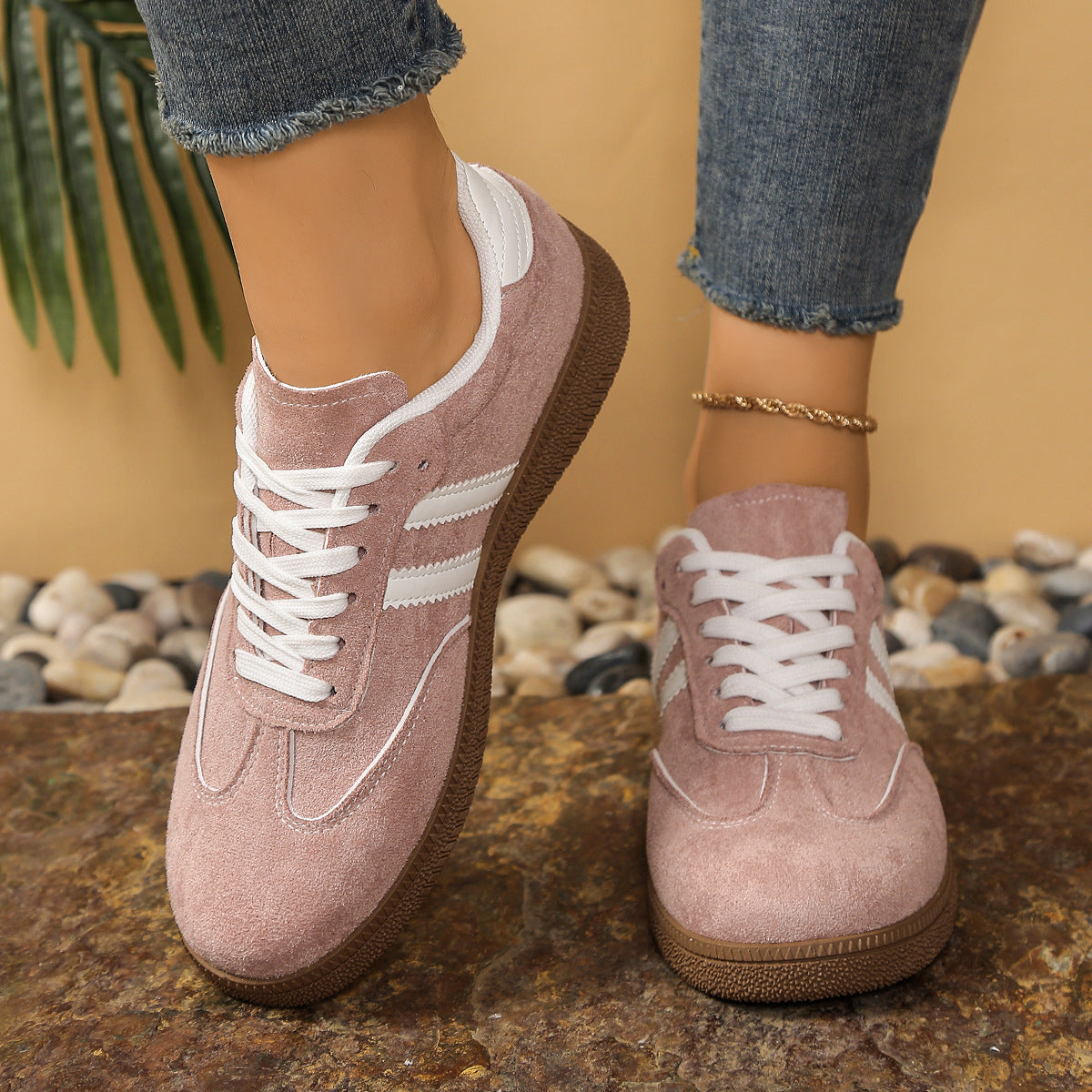 Damskie Sneakersy Retro z Koronkowym Wiązaniem - Różowy