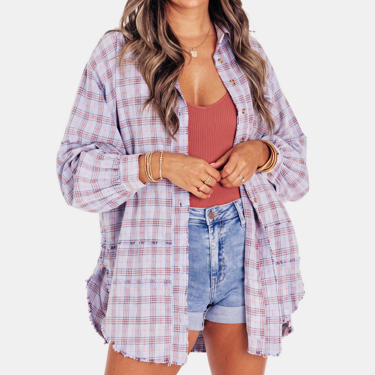Damska Oversizowa Koszula z Surowym Brzegiem i Bufiastymi Rękawami - Fioletowy