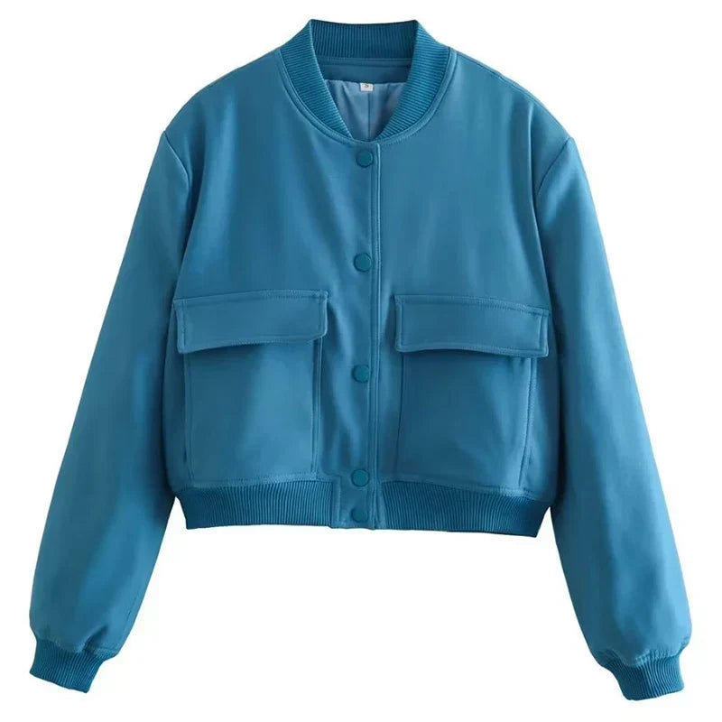 Damska Kurtka Bomber Oversize z Kieszeniami - Niebieski