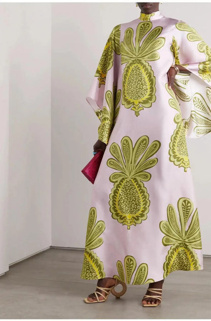 Damska Sukienka Maxi Kaftan z Kwiatowym Nadrukiem - Różowy