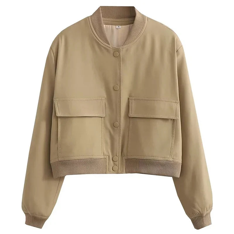 Damska Kurtka Bomber Oversize z Kieszeniami - Khaki