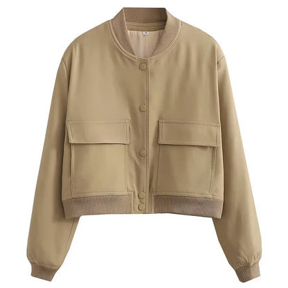 Damska Kurtka Bomber Oversize z Kieszeniami - Khaki
