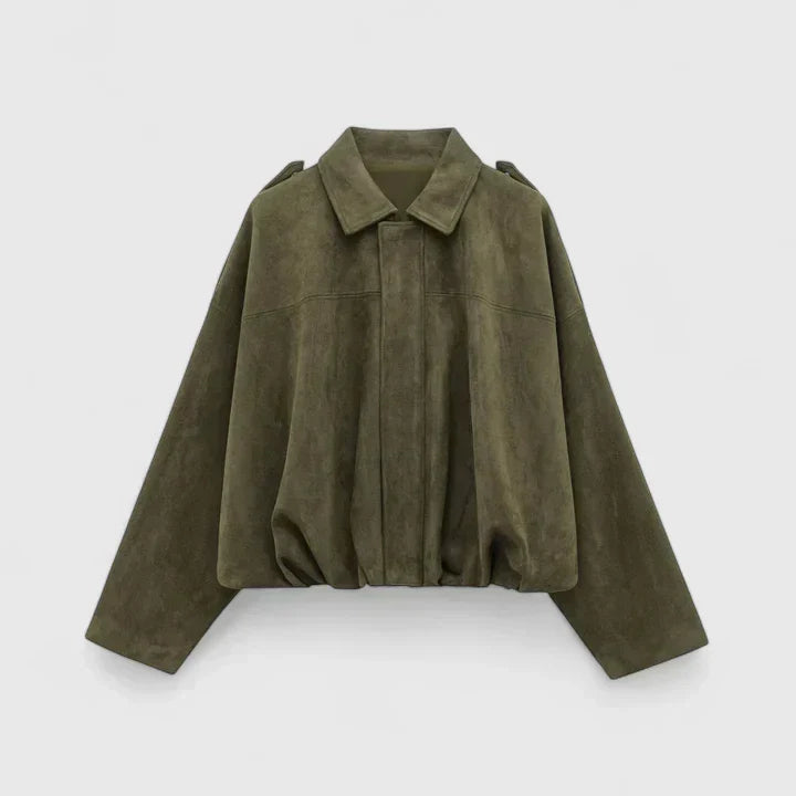 Damska Kurtka Oversize z Krótkim Krojem i Kołnierzykiem - Zielony Khaki