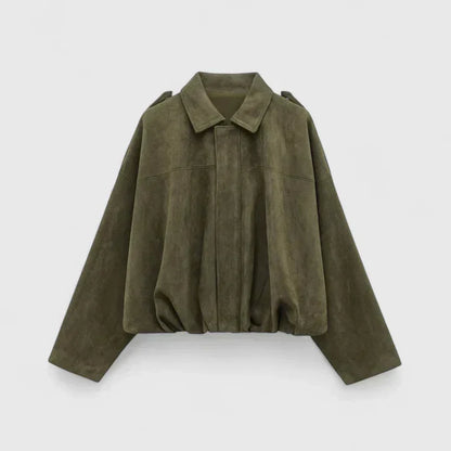Damska Kurtka Oversize z Krótkim Krojem i Kołnierzykiem - Zielony Khaki