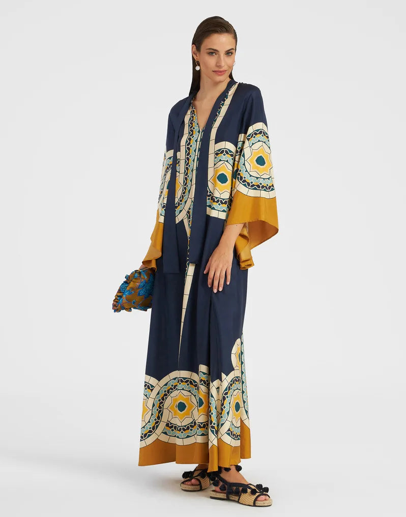 Damska Sukienka Maxi Kaftan z Kwiatowym Nadrukiem - Żółty