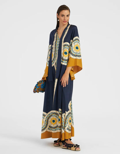 Damska Sukienka Maxi Kaftan z Kwiatowym Nadrukiem - Żółty