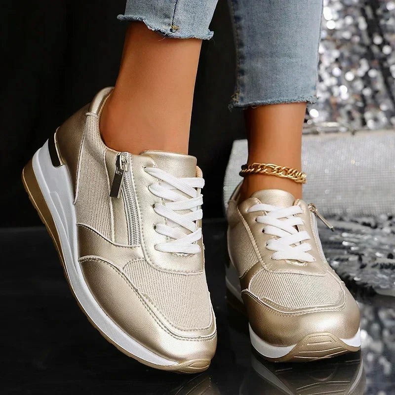 Damskie Sneakersy na Platformie z Suwakiem - Złoty
