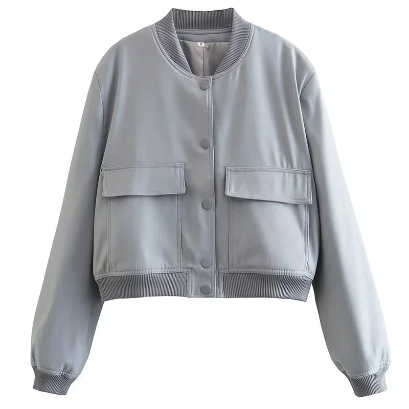 Damska Kurtka Bomber Oversize z Kieszeniami - Szary