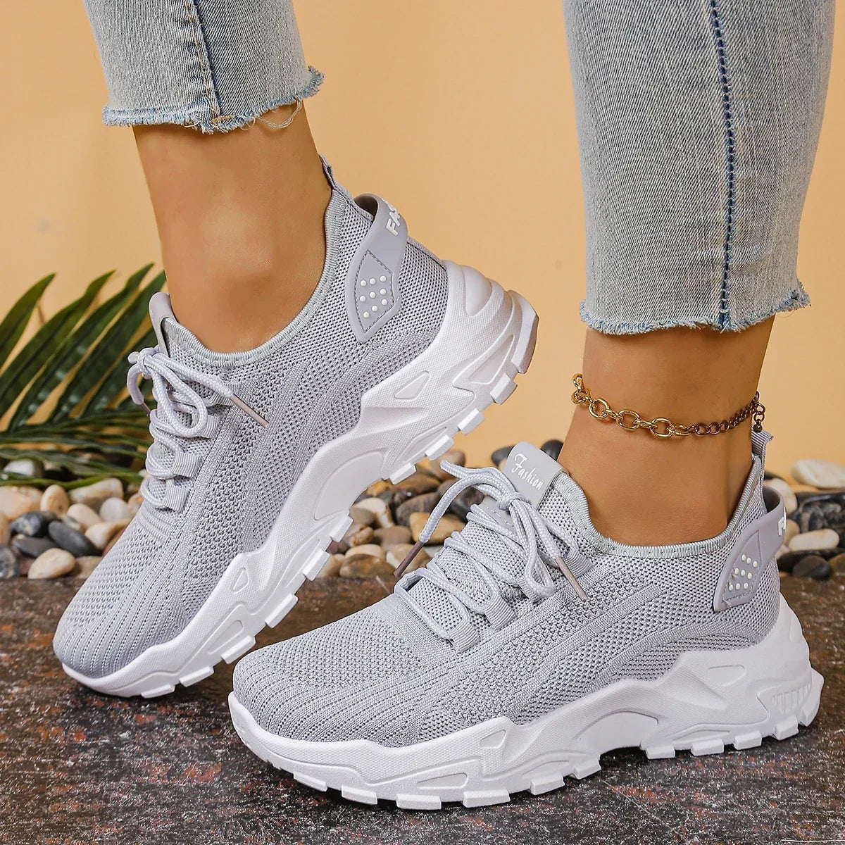 Damskie Sneakersy z Siateczkową Cholewką i Grubą Podeszwą