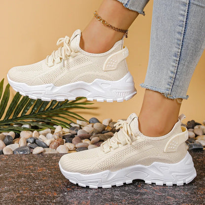Damskie Sneakersy z Siateczkową Cholewką i Grubą Podeszwą - Beżowy