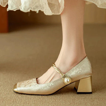 Damskie Czółenka na Słupku z Kwiatowym Tłoczeniem - Beżowy