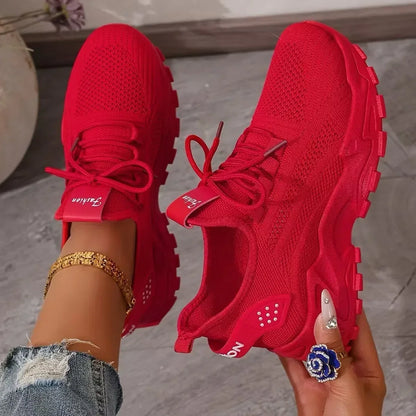 Damskie Sneakersy z Siateczkową Cholewką i Grubą Podeszwą - Czerwony