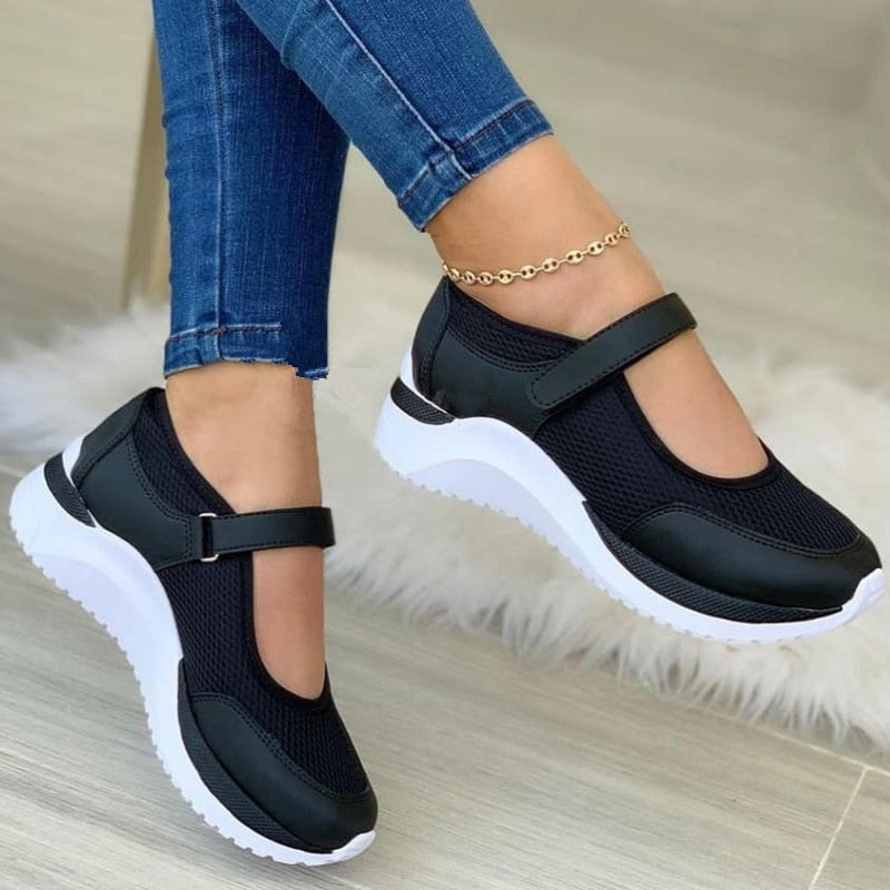 Damskie Sneakersy Mary Jane z Regulowanymi Paskami - Czarny