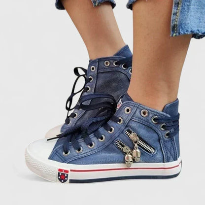 Damskie Sneakersy Wysokie z Zamkiem - Navy Blue