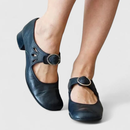 Damskie Buty Mary Jane na Niskim Słupku z Klamrą - Niebieski