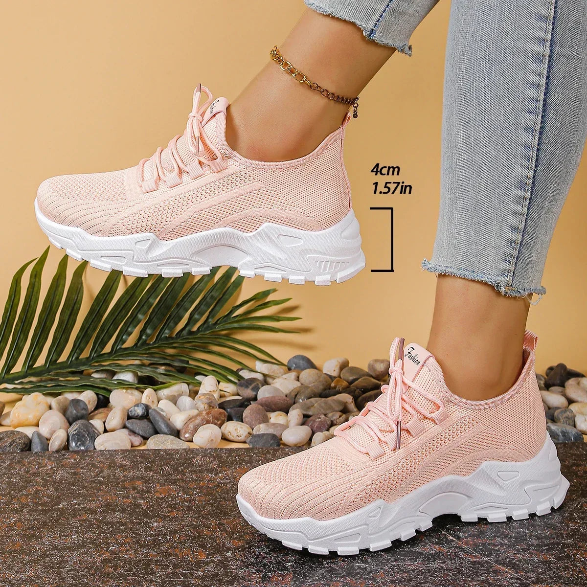 Damskie Sneakersy z Siateczkową Cholewką i Grubą Podeszwą - Różowy