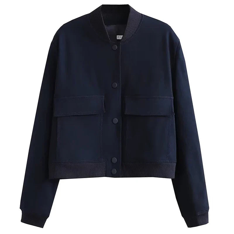 Damska Kurtka Bomber Oversize z Kieszeniami - Granatowy