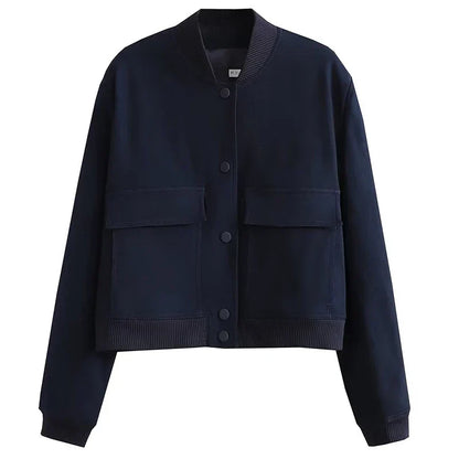 Damska Kurtka Bomber Oversize z Kieszeniami - Granatowy