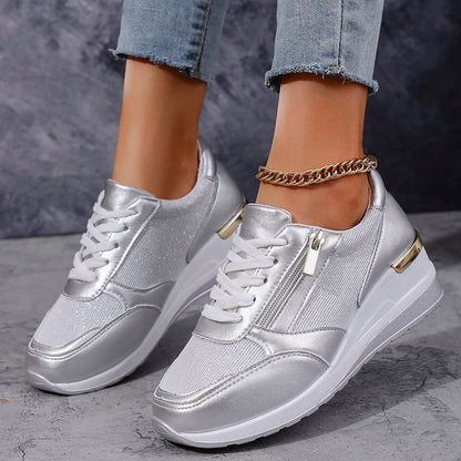 Damskie Sneakersy na Platformie z Suwakiem - Srebrny