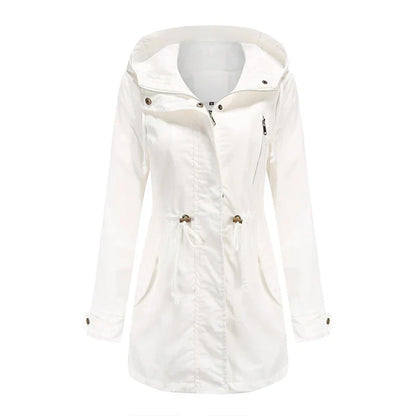 Damska Kurtka Parka z Kapturem i Ściąganym Sznurkiem w Talii - Biały