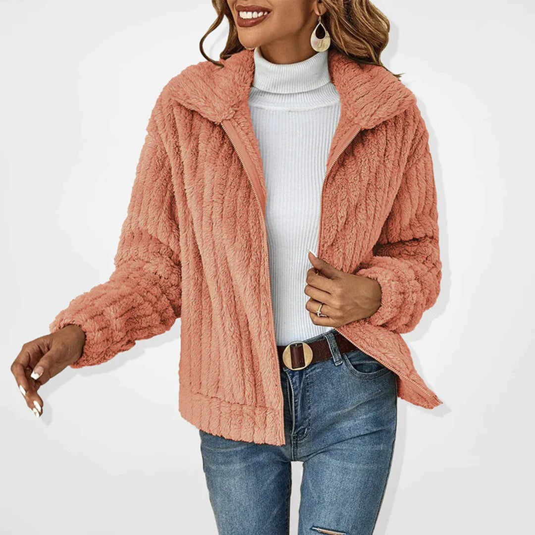 Damska Kurtka Polarowa z Szerokim Kołnierzem i Zapięciem na Zamek - Koralowy Róż
