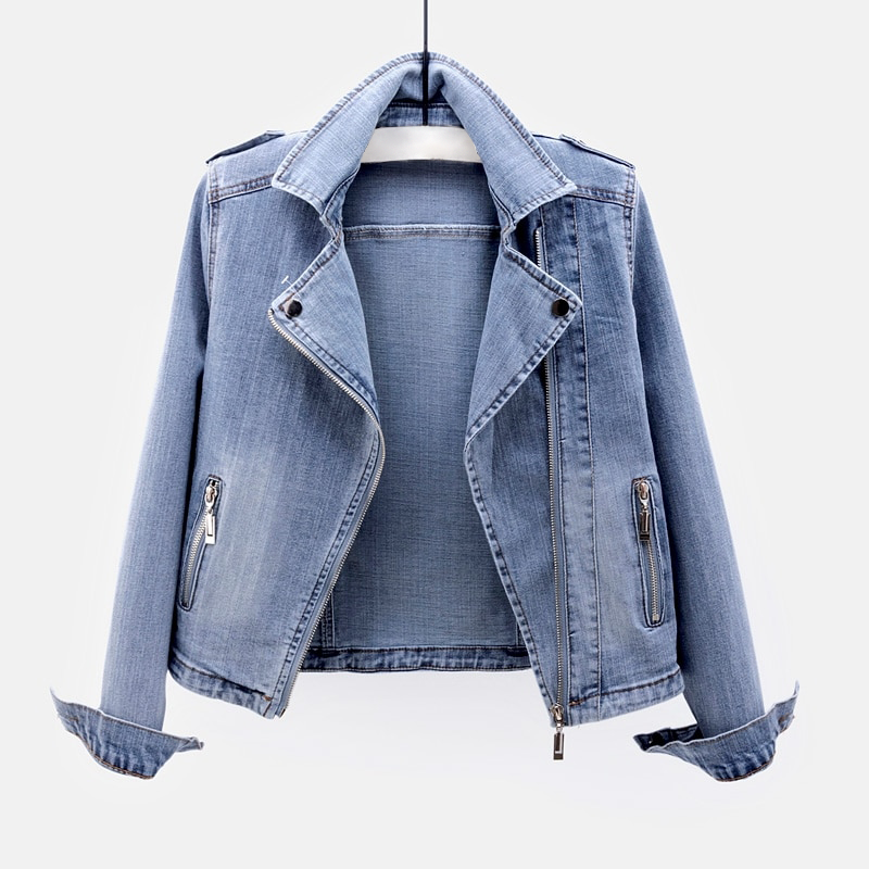 Damska Kurtka Jeansowa Ramoneska z Zamkiem Asymetrycznym - Jasny niebieski