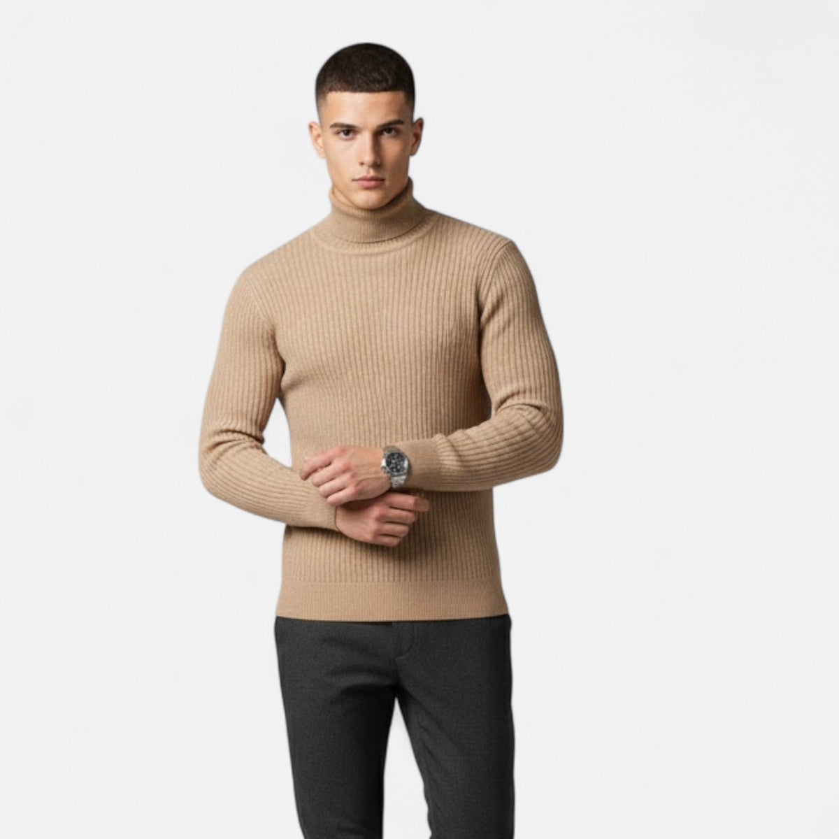 Męski Sweter Oversize ze Stójką i Prążkowaną Fakturą - 8