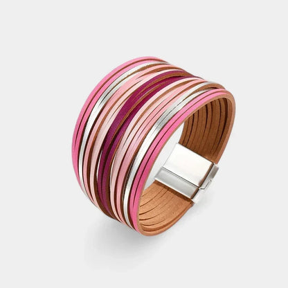 Damska Bransoletka Szeroka z Wielowarstwowym Splotem - Różowo-srebrny