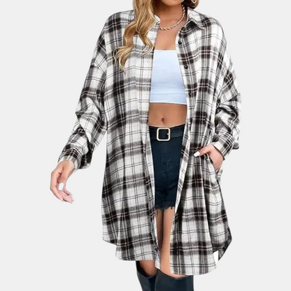 Damska Koszula Flanelowa Midi w Kratę Oversize - Biała Krata
