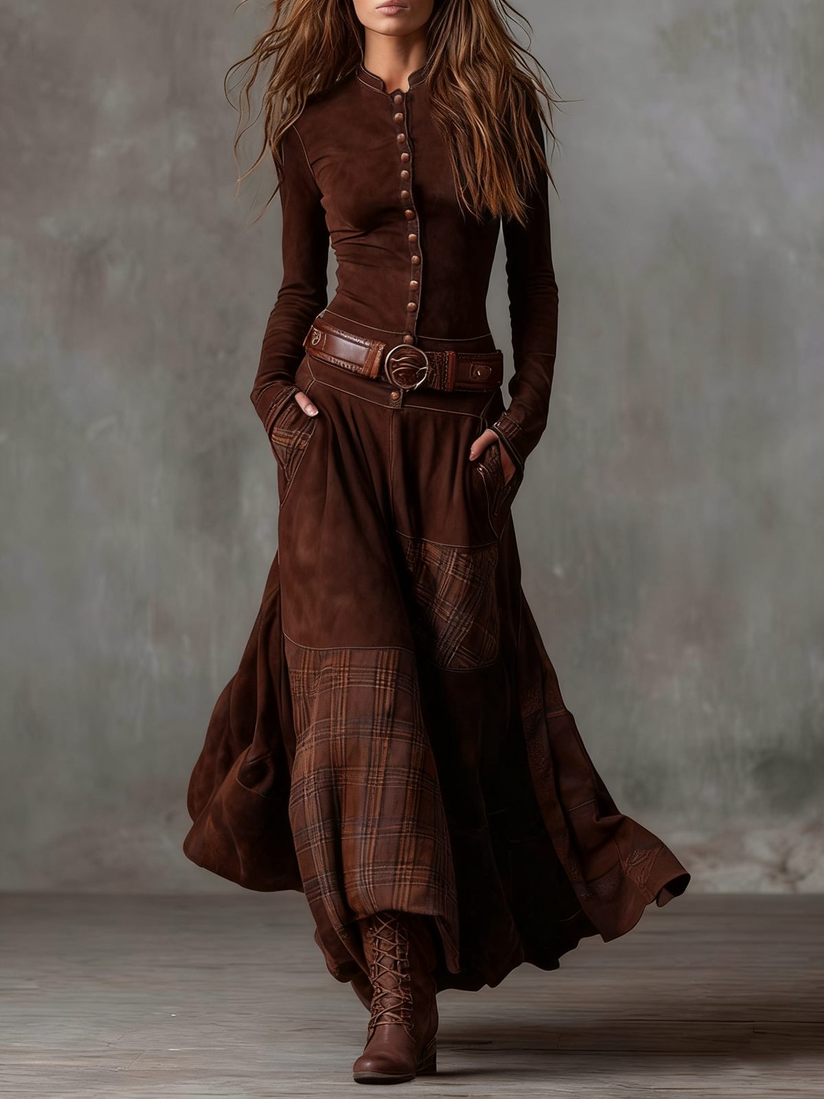 Damska Długa Sukienka z Panelami i Guzikami - Brązowy