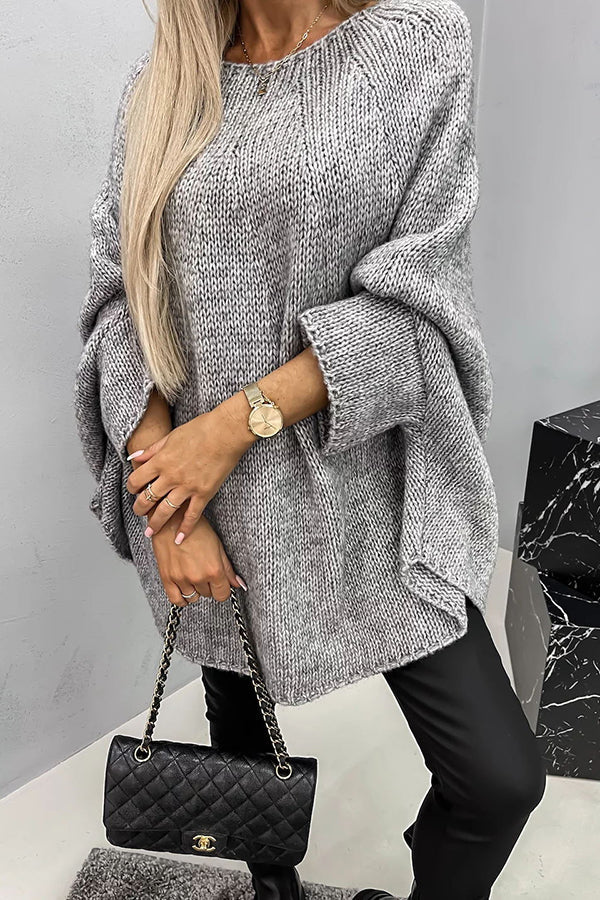 Damski Sweter Oversize z Okrągłym Dekoltem - Szary