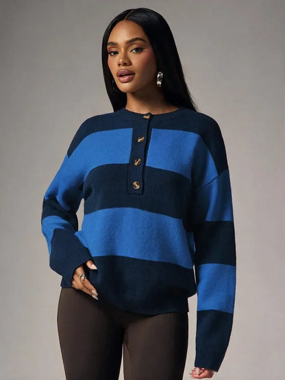 Damski Oversize Sweter z Guzikami i Okrągłym Dekoltem - 22