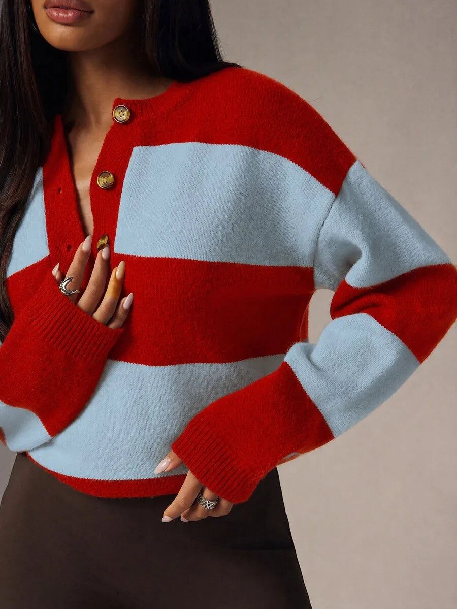 Damski Oversize Sweter z Guzikami i Okrągłym Dekoltem - 19