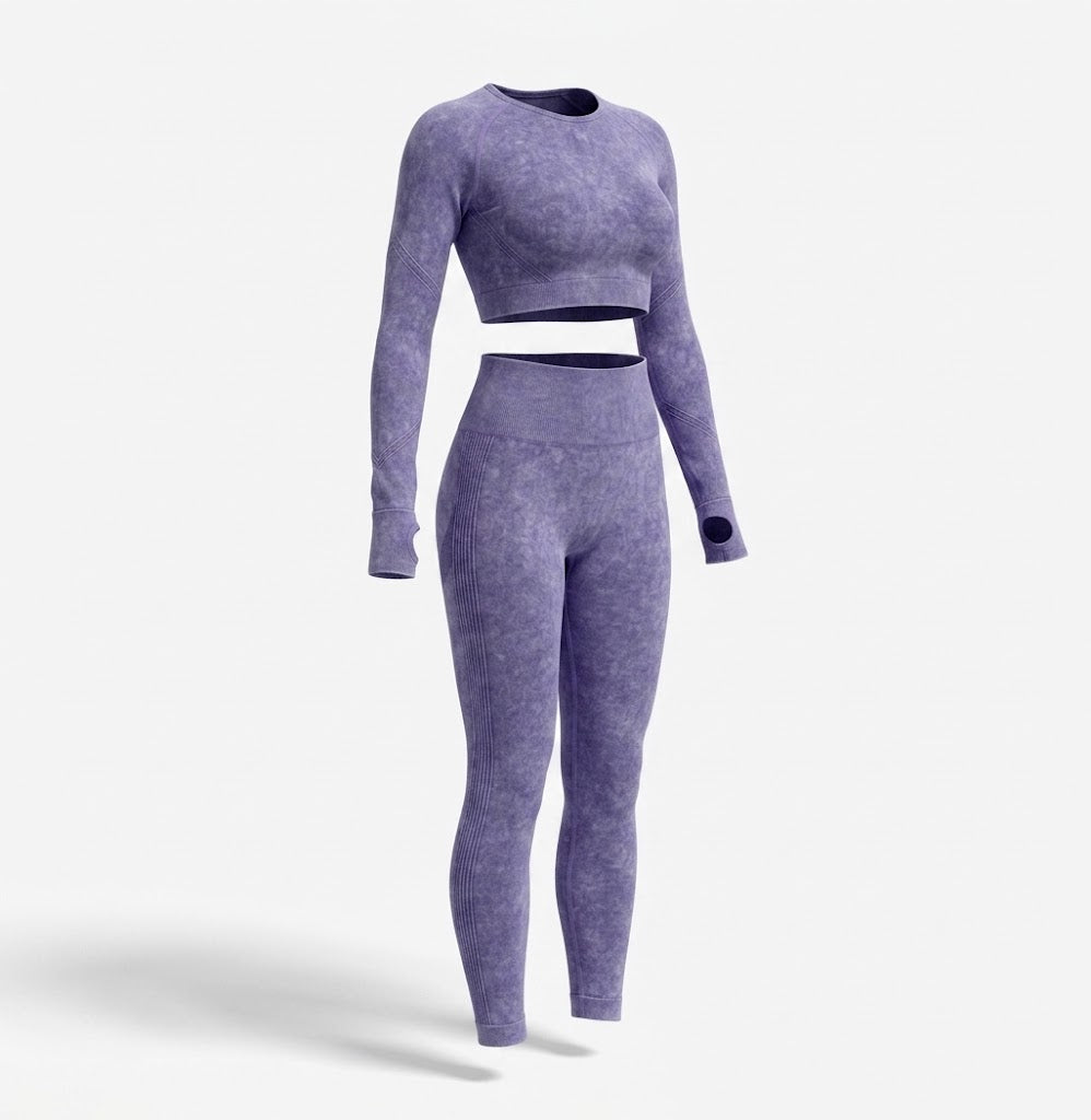 Damski Komplet Sportowy Crop Top i Legginsy z Długim Rękawem - Fioletowy