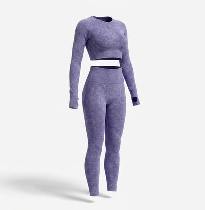 Damski Komplet Sportowy Crop Top i Legginsy z Długim Rękawem - Fioletowy