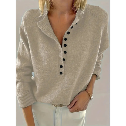 Damski Sweter z Dekoltem w Serek i Guzikami - Khaki
